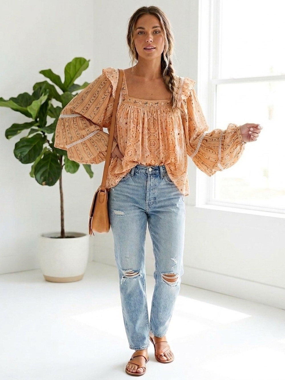 Free People Peach Square-Neck Blouson Top